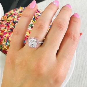 925 Sterling Silver Two Tone Rose Gold Plated Cushion Cut Clear & Pink CZ Ring